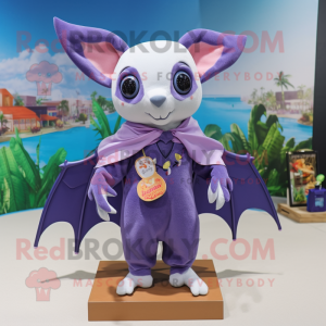 Lavender Fruit Bat mascot costume character dressed with a Swimwear and Shawl pins