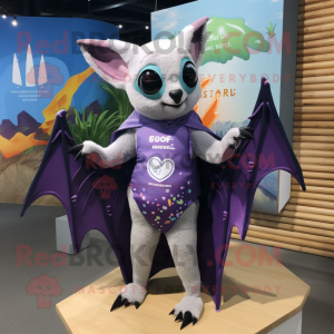 Lavender Fruit Bat mascot costume character dressed with a Swimwear and Shawl pins