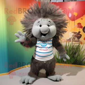 Gray Porcupine mascot costume character dressed with a Culottes and Hairpins