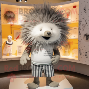 Gray Porcupine mascot costume character dressed with a Culottes and Hairpins