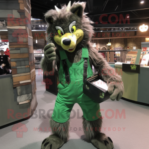 Forest Green Werewolf mascot costume character dressed with a Overalls and Wallets