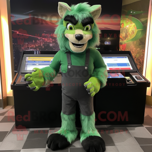 Forest Green Werewolf mascot costume character dressed with a Overalls and Wallets