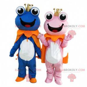 2 mascots of blue and pink frogs, couple of frogs -