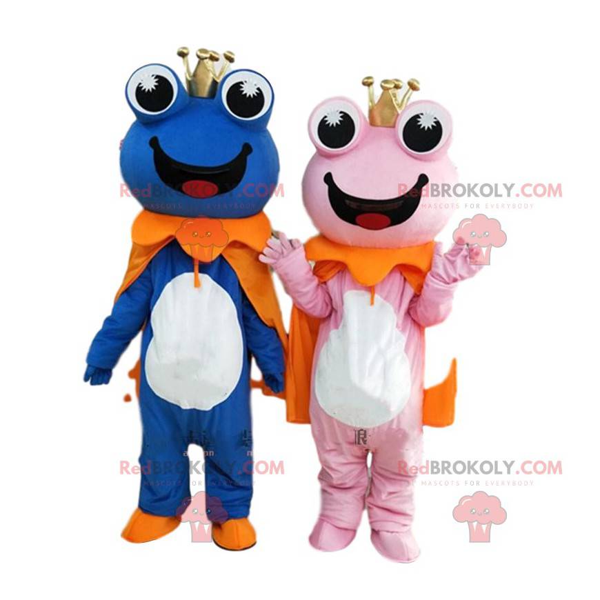 2 mascots of blue and pink frogs, couple of frogs -