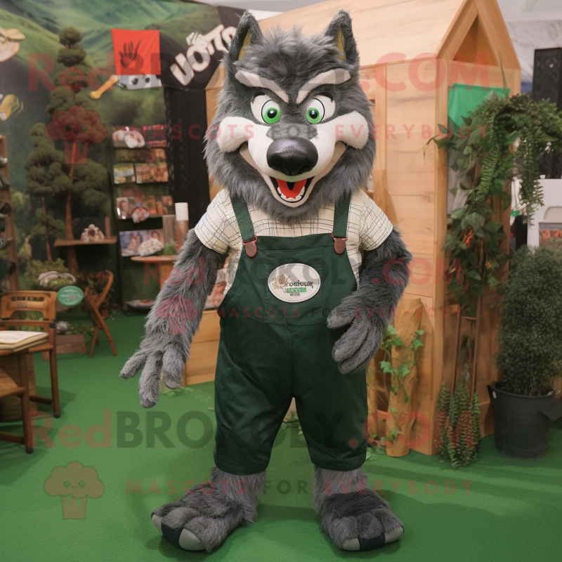 Forest Green Werewolf mascot costume character dressed with a Overalls and Wallets