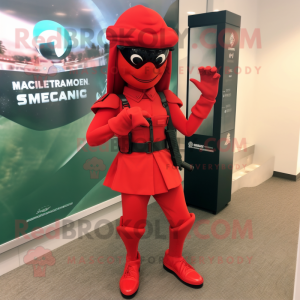 Red Marine Recon mascot costume character dressed with a Pencil Skirt and Shoe clips