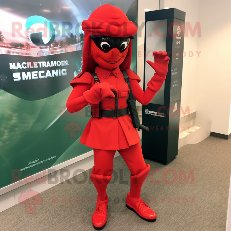 Red Marine Recon mascot costume character dressed with a Pencil Skirt and Shoe clips