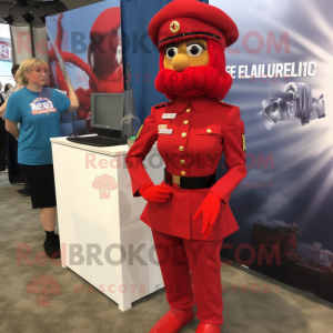 Red Marine Recon mascot costume character dressed with a Pencil Skirt and Shoe clips