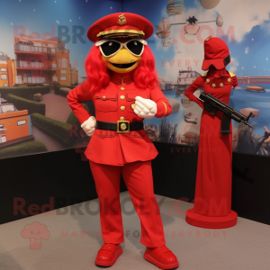 Red Marine Recon mascot costume character dressed with a Pencil Skirt and Shoe clips