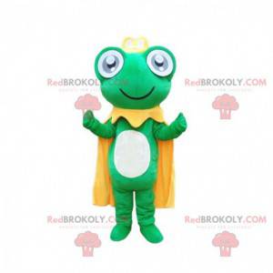 Green frog mascot with a yellow cape and a crown -