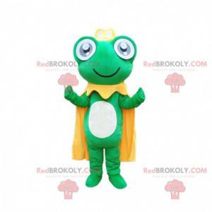 Mascota de la rana verde con una capa amarilla y una corona -