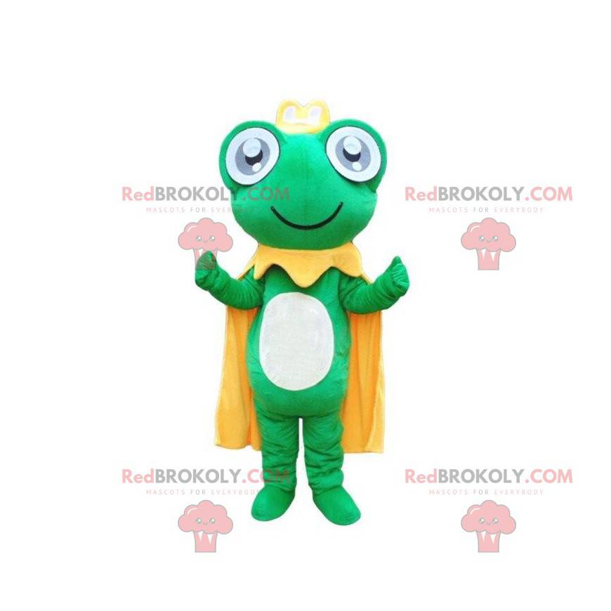 Green frog mascot with a yellow cape and a crown -