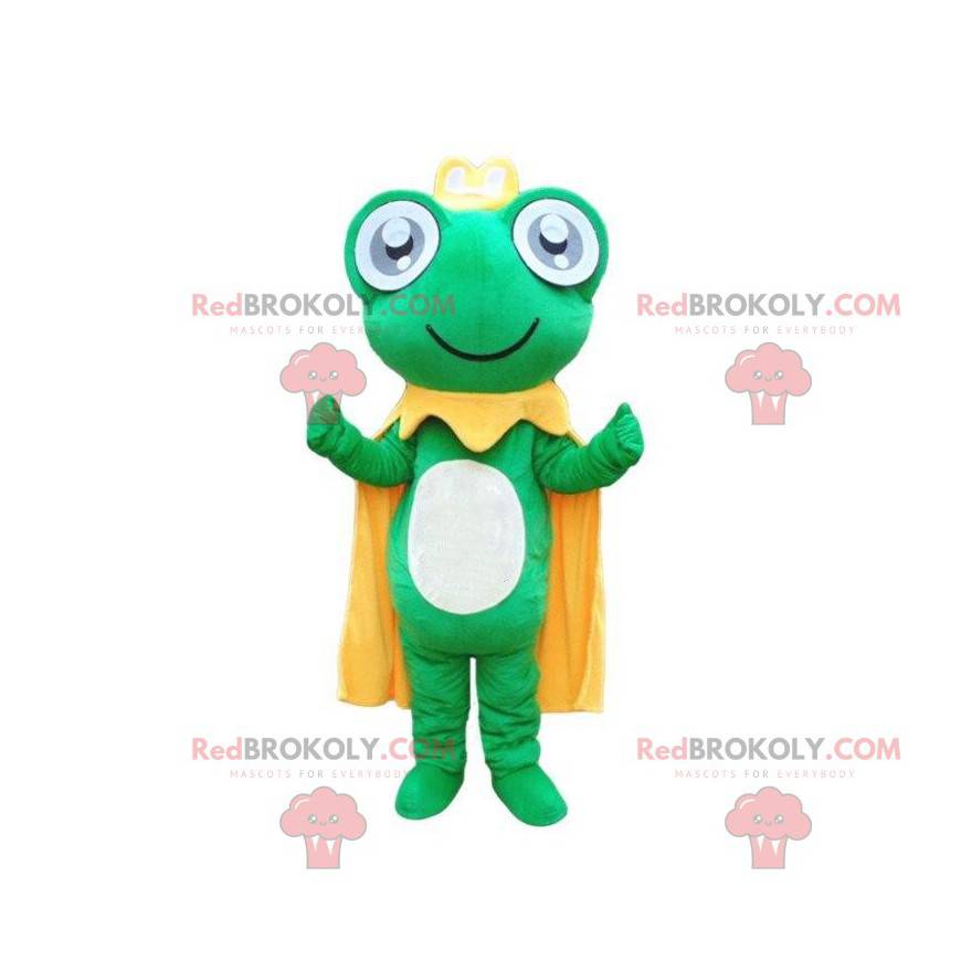 Mascotte de grenouille verte avec une cape jaune et une Mascotte de grenouille verte avec une cape jaune et une