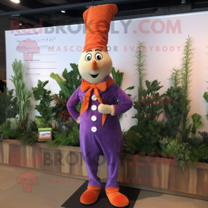 Lavender Carrot mascot costume character dressed with a Corduroy Pants and Lapel pins