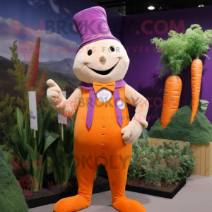 Lavender Carrot mascot costume character dressed with a Corduroy Pants and Lapel pins