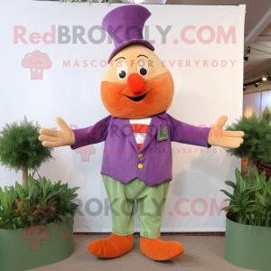 Lavender Carrot mascot costume character dressed with a Corduroy Pants and Lapel pins