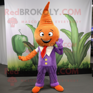 Lavender Carrot mascot costume character dressed with a Corduroy Pants and Lapel pins