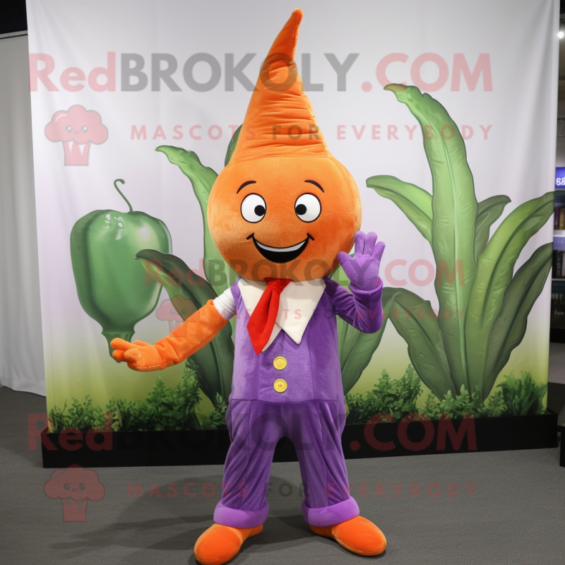 Lavender Carrot mascot costume character dressed with a Corduroy Pants and Lapel pins