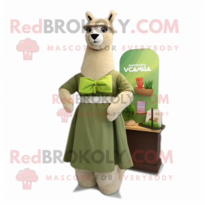 Olive Llama mascot costume character dressed with a A-Line Dress and Belts
