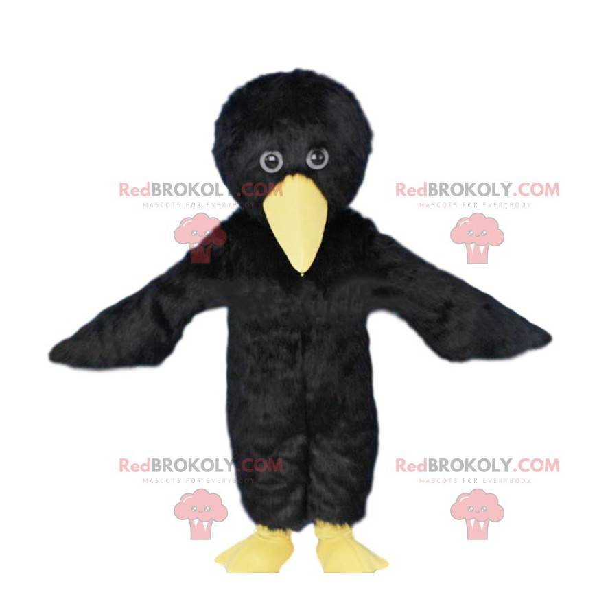 Mascote pássaro preto e amarelo, fantasia de corvo -