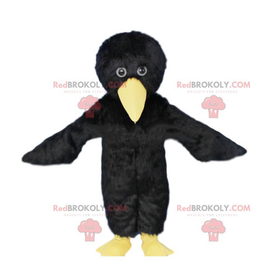 Mascotte d'oiseau noir et jaune, costume de corbeau -