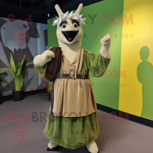 Olive Llama mascot costume character dressed with a A-Line Dress and Belts