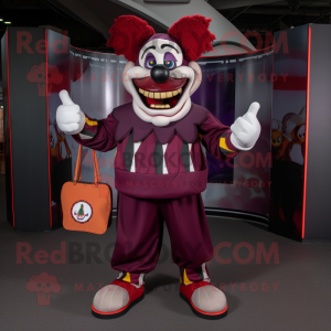 Maroon Evil Clown mascot costume character dressed with a Sweatshirt and Wallets