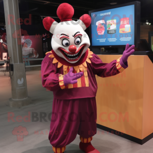Maroon Evil Clown mascot costume character dressed with a Sweatshirt and Wallets
