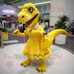 Yellow Tyrannosaurus mascot costume character dressed with a Circle Skirt and Handbags