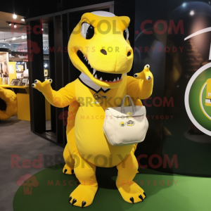 Yellow Tyrannosaurus mascot costume character dressed with a Circle Skirt and Handbags