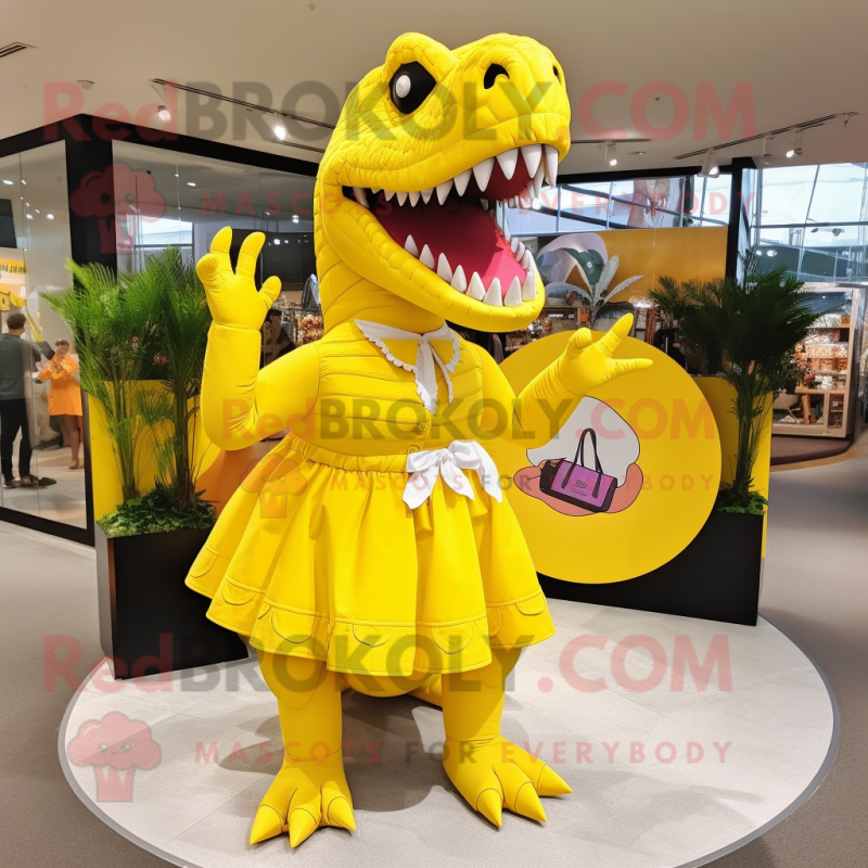 Yellow Tyrannosaurus mascot costume character dressed with a Circle Skirt and Handbags