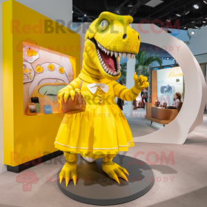 Yellow Tyrannosaurus mascot costume character dressed with a Circle Skirt and Handbags