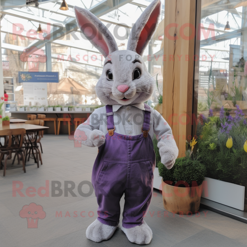 Lavender Wild Rabbit mascot costume character dressed with a Poplin Shirt and Suspenders