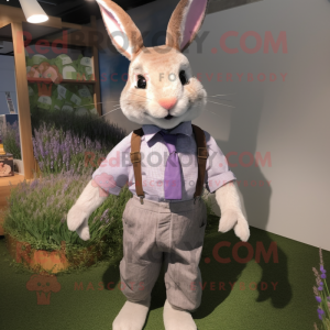 Lavender Wild Rabbit mascot costume character dressed with a Poplin Shirt and Suspenders