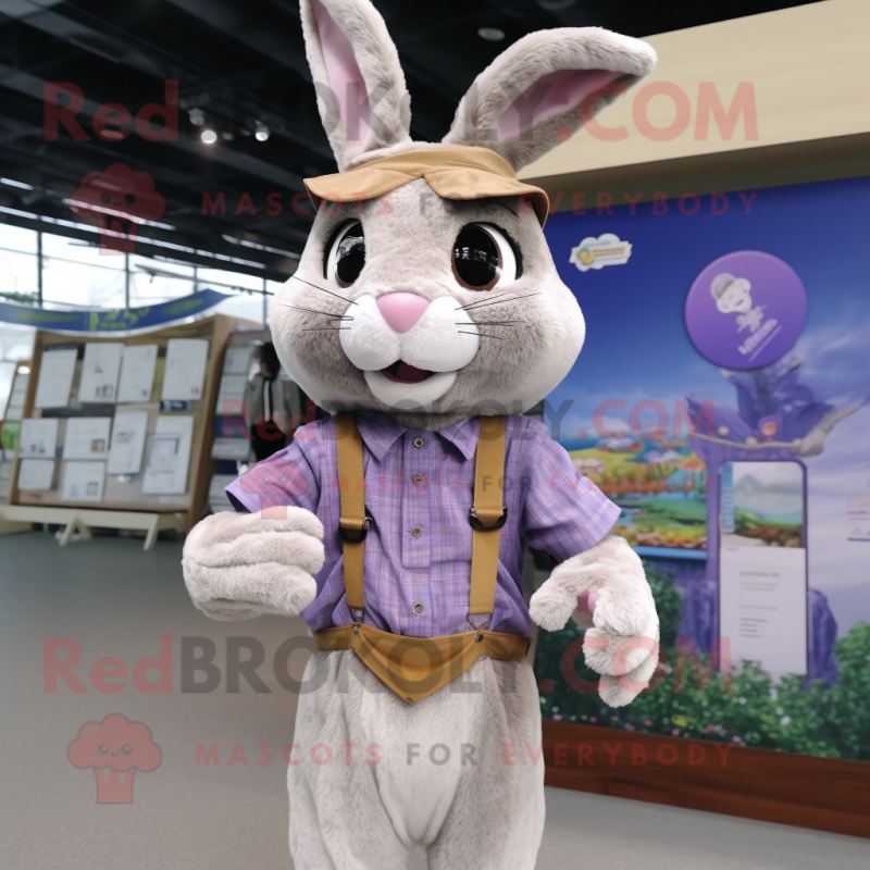 Lavender Wild Rabbit mascot costume character dressed with a Poplin Shirt and Suspenders