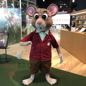 Maroon Rat mascot costume character dressed with a Poplin Shirt and Eyeglasses