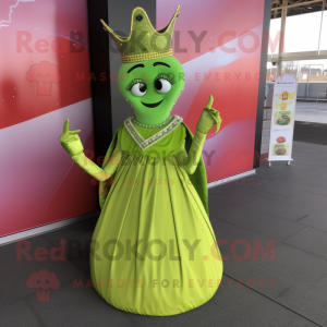 Lime Green Queen mascot costume character dressed with a Dress and Scarf clips