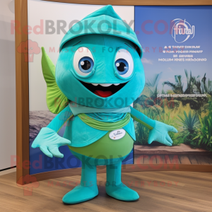 Turquoise Tuna mascot costume character dressed with a Trousers and Wraps