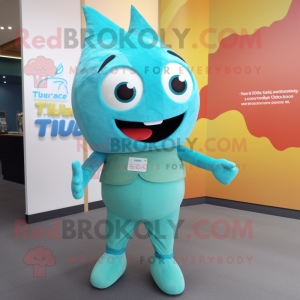 Turquoise Tuna mascot costume character dressed with a Trousers and Wraps