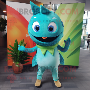 Turquoise Tuna mascot costume character dressed with a Trousers and Wraps