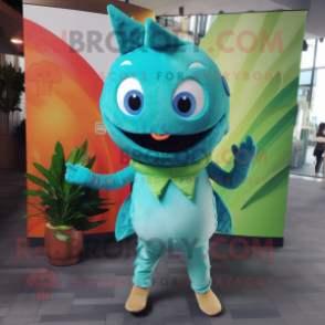 Turquoise Tuna mascot costume character dressed with a Trousers and Wraps