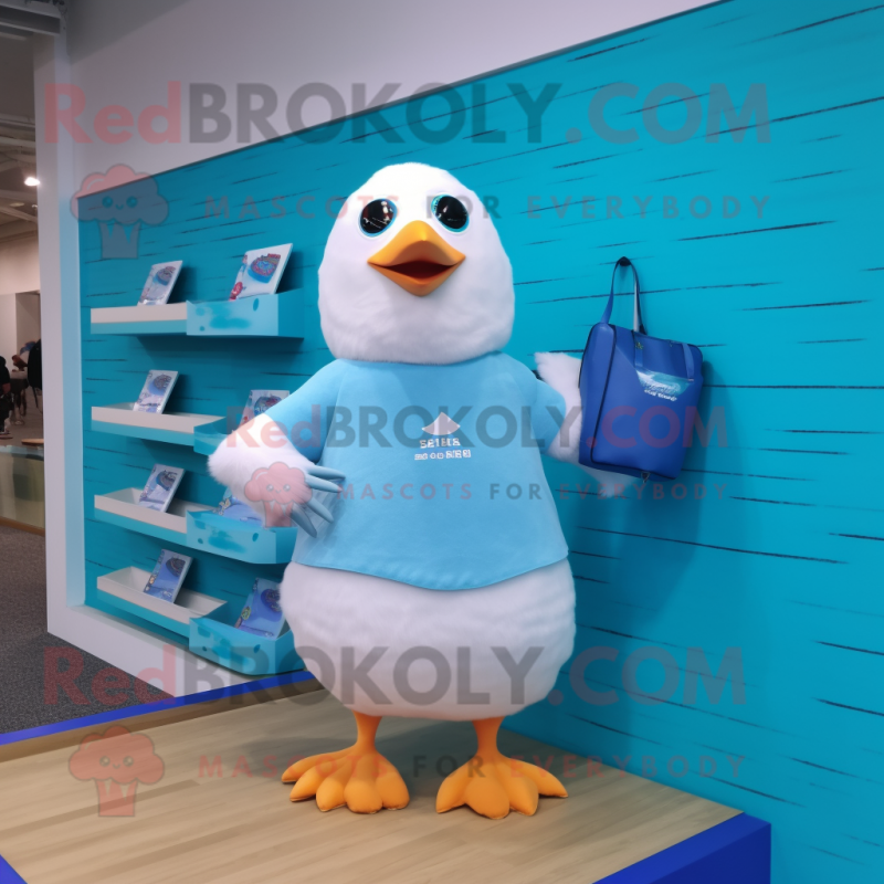 Cyan Seagull mascot costume character dressed with a Swimwear and Coin purses