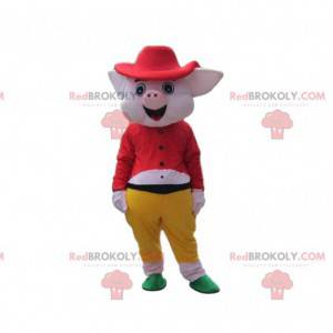 Pink pig mascot fully dressed, costume 3 little pigs -