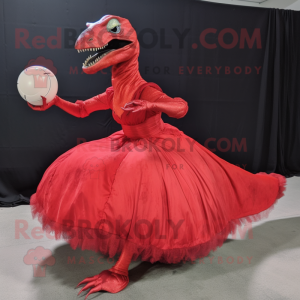 Red Velociraptor mascot costume character dressed with a Ball Gown and Foot pads