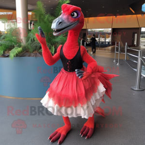 Red Velociraptor mascot costume character dressed with a Ball Gown and Foot pads
