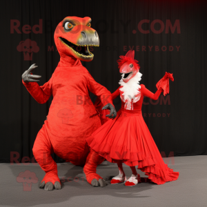 Red Velociraptor mascot costume character dressed with a Ball Gown and Foot pads