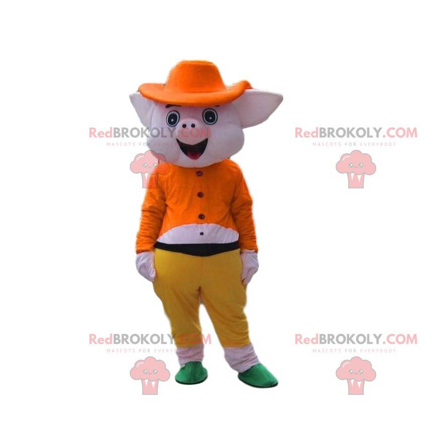 Mascote porco rosa totalmente vestido, fantasia 3 porquinhos -