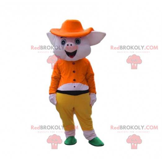 Pink pig mascot fully dressed, costume 3 little pigs -