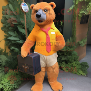 Orange Sloth Bear mascot costume character dressed with a Oxford Shirt and Messenger bags