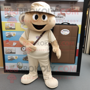 Tan Ice mascot costume character dressed with a Henley Tee and Clutch bags